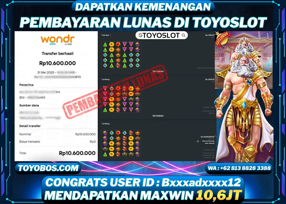 TOYOSLOT - BUKTI KEMENANGAN KAKEK ZEUS ARYAGAMES Rp10,600,000,- LUNAS